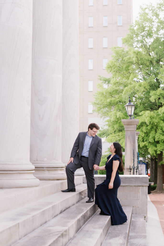 Engagement photos, Huntsville, AL in formal clothes by the Historic First National Bank