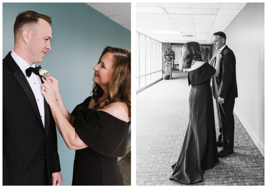 How many wedding photographers do I need - mother of the groom pinning the boutonniere