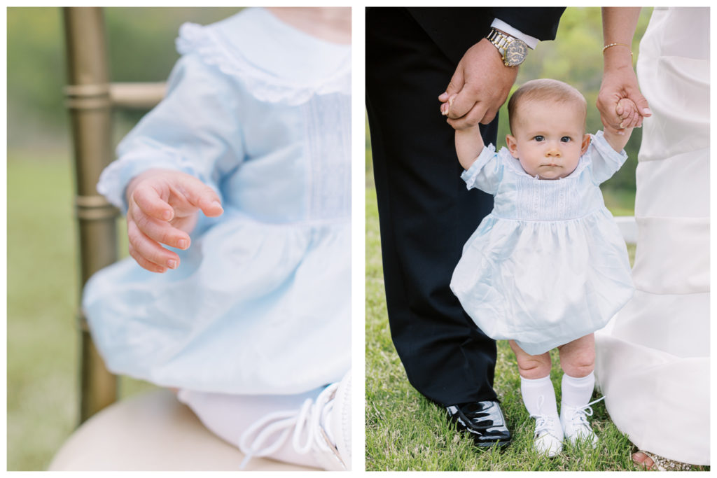 6 month baby at wedding in blue