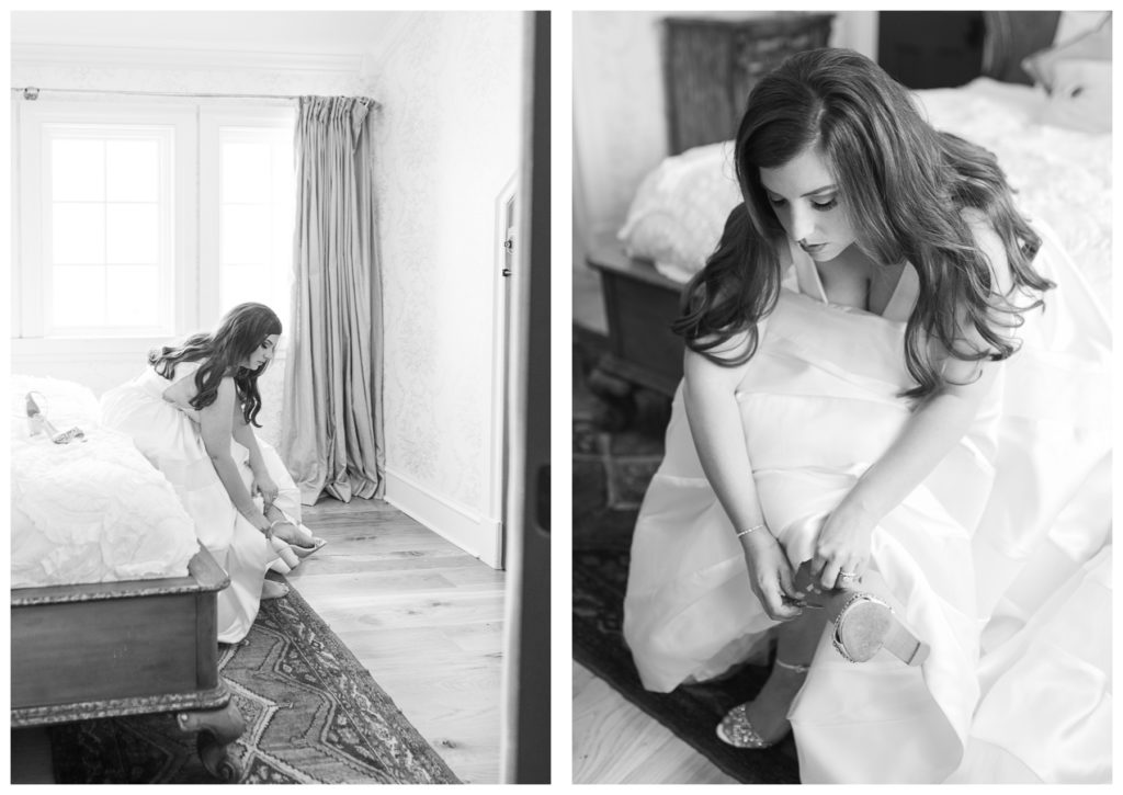 Bride putting on her wedding shoes before the wedding