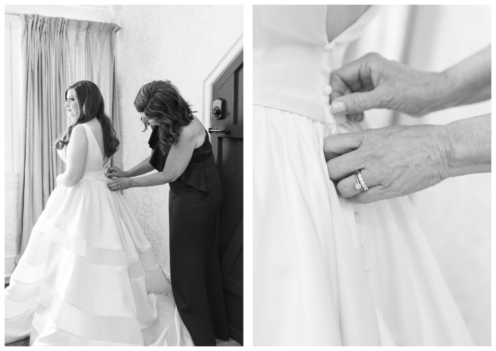 Mother of the bride buttoning the brides wedding gown on her wedding day at Danclay Farms