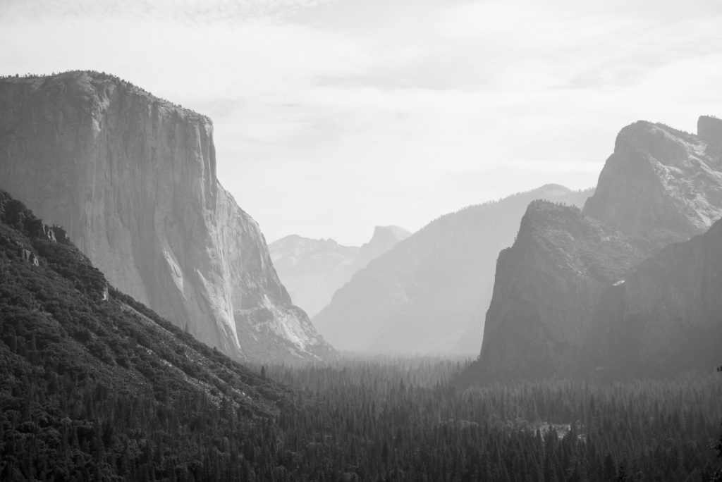 Yosemite Valley in Black and White on a smokey day from wild fires
